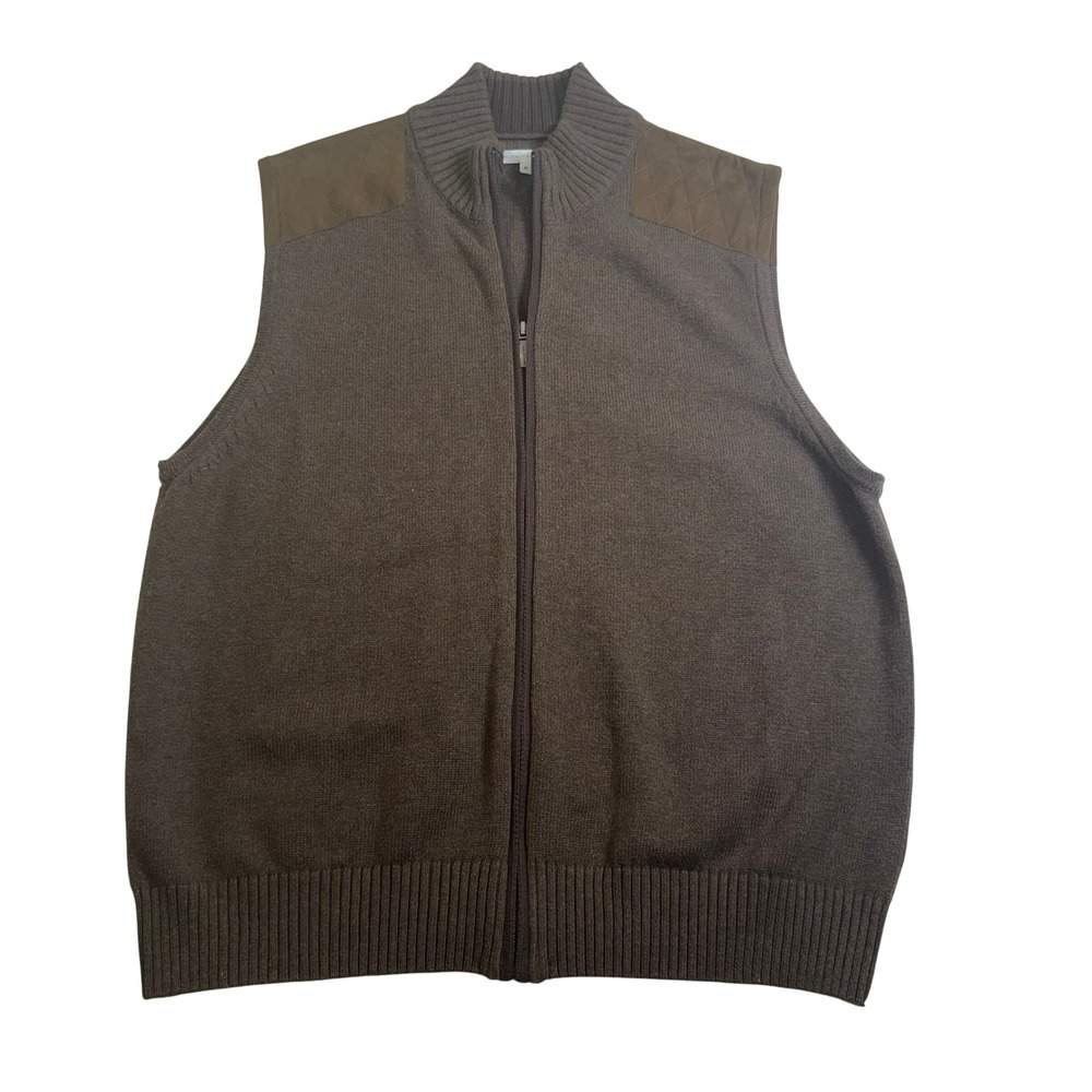 Alex Cannon Full Zip Sweater Vest Mens M Brown Excellent Quilted Shoulder Patch